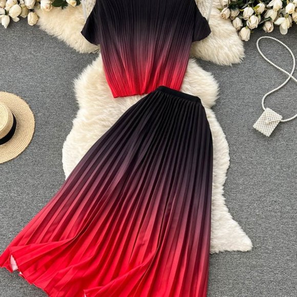 Women Pleated Two Piece Set Round Neck Tops and High Waist Draped Skirt - Picture 2 of 7